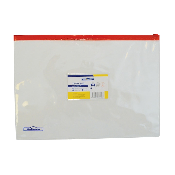 Office 1 mappa piros cipzárral és névjegykártya zsebbel, A4-es, átlátszó