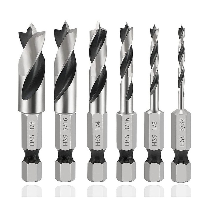 Set 6 Burghie cu Varf Brad Yakumuz, Otel Rapid HSS 4241, Tija Hexagonala 1/4", Multifunctionale, 60.5mm