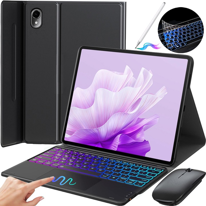 Érintőpad billentyűzet védőtok, Huawei Matepad 11,5" 2023 telefonhoz, vezeték nélküli, Bluetooth, 7 színű háttérvilágítás, tollal, egérrel, szilikon billentyűzet membránnal, fekete