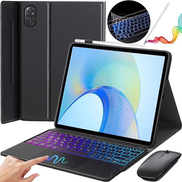 Husa Cu Tastatura Touchpad Pentru Huawei Honor Pad X9/X8 Pro 11.5", Fara fir, Bluetooth, Iluminare De Fundal in 7 Culori, Cu Stilou, Mouse, Membrana Din Silicon Pentru Tastatura, Negru