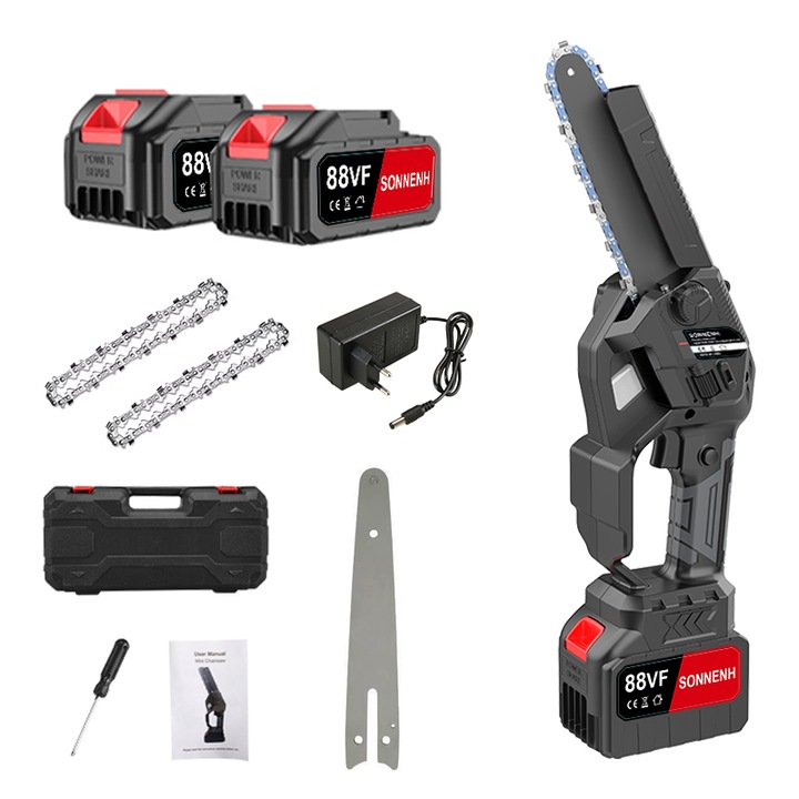 Fierastraie cu lant SONNENH, motor fara perii 800W, 2 acumulatori, 2 lanturi, negru