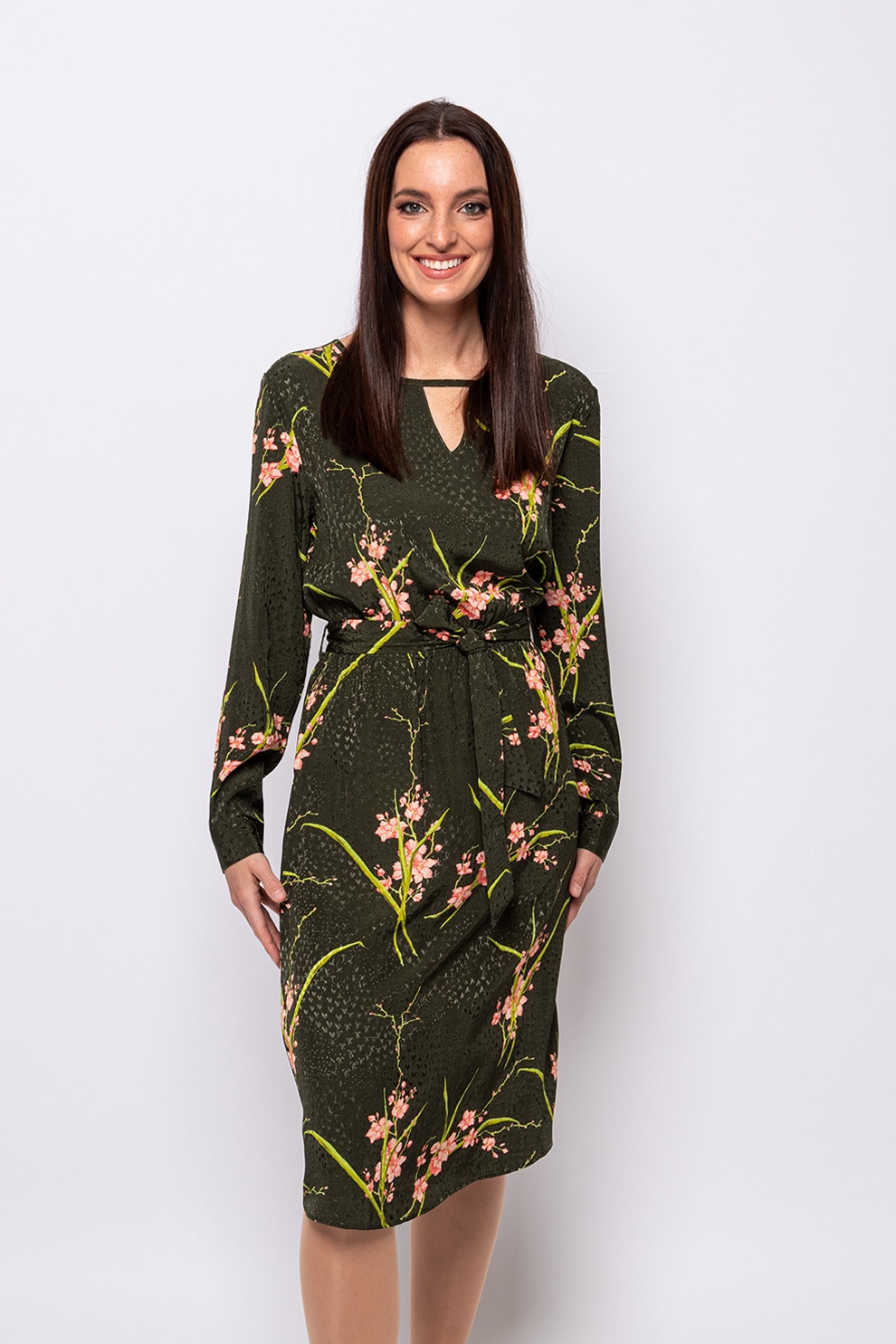 Heavy Tools, Rochie cu imprimeu floral si cordon in talie Vebona, Verde, Roz deschis, L