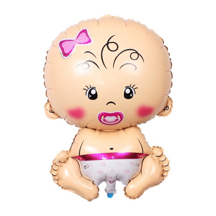 Balon din folie metalizata, figurina fetita, tema botez, 73 x 48 cm, ambalaj individual, pai inclus, umflare cu aer sau heliu, roz
