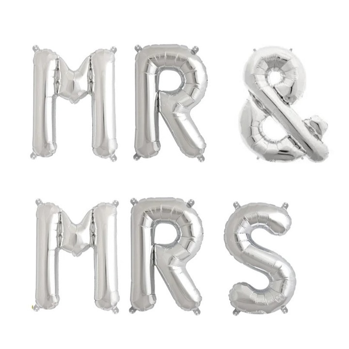 Комплект балони от метално фолио, Flippy, фигури, букви, модел MR&MRS, сватбена тема, 40 см, парти балони, индивидуална опаковка, сламка включена, надуване с въздух или хелий, сребро