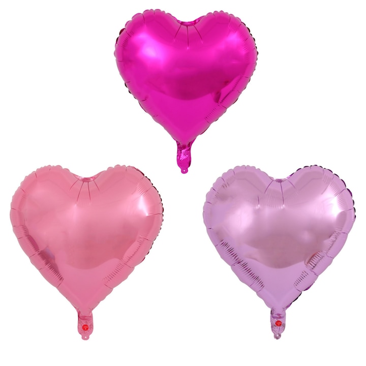 Комплект от 3 балона от метално фолио, Flippy, във формата на сърце, тема за Свети Валентин, 45 см, индивидуална опаковка, включена сламка, надуване с въздух или хелий, розово