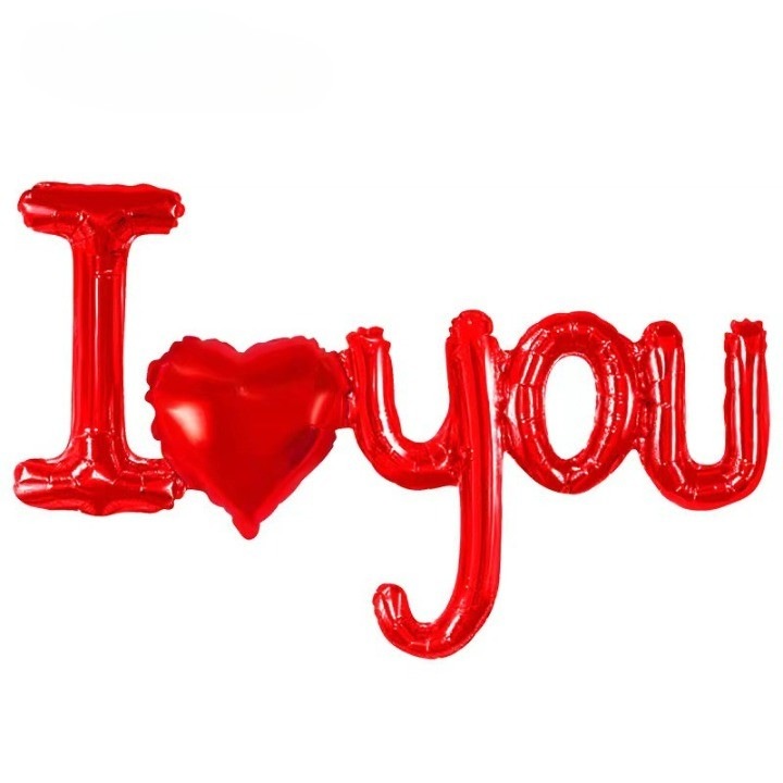 Балон от метално фолио, букви и сърца, модел I Love You, тема Свети Валентин, 54x97 см, индивидуална опаковка, включена сламка, надуване с въздух или хелий, червен