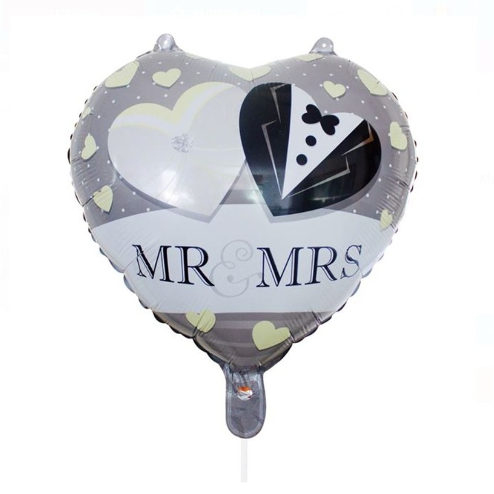 Балон от метално фолио, Flippy, във формата на сърце, модел Mr&Mrs, сватбена тема, 45 см, индивидуална опаковка, включена сламка, надуване с въздух или хелий, сив