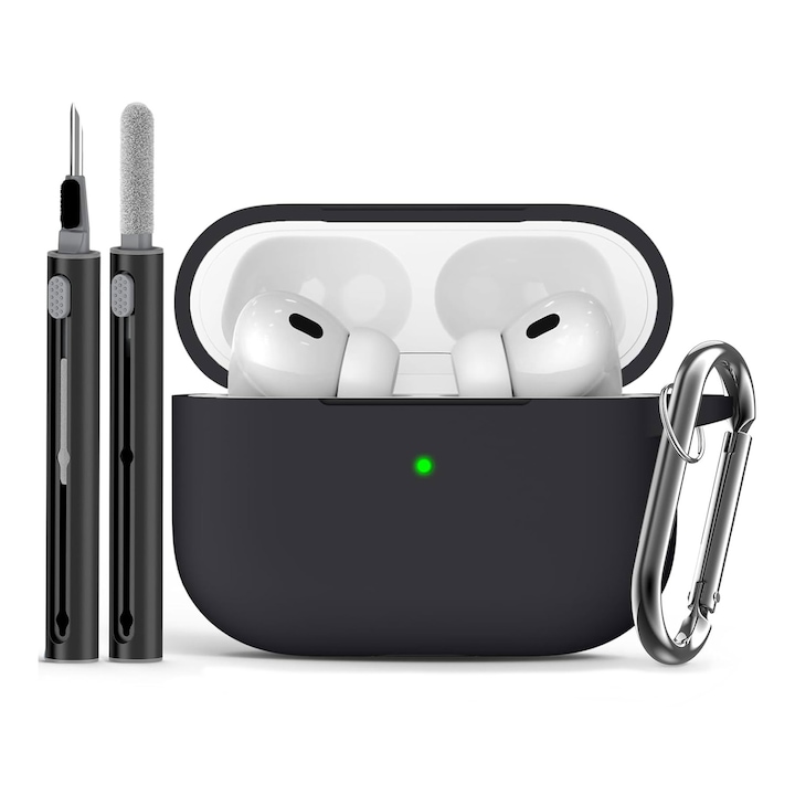 Husa Silicon Protectie pentru AirPods pro 2, cu Breloc Carabina, praf, Protectie integrala, din Silicon Moale, cu Stilo de curatare 2 in 1, OUYLAF, negru