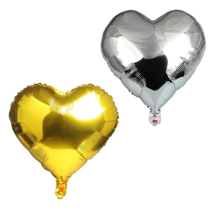 Комплект от 2 балона от метално фолио, Flippy, модел на сърце, тема за Свети Валентин, 45 см, индивидуална опаковка, включена сламка, надуване с въздух или хелий, сребро/злато