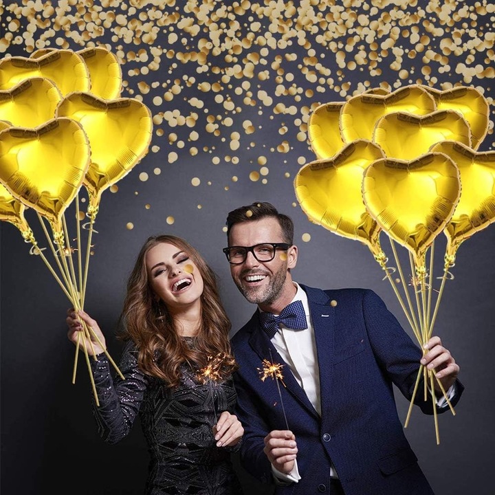 Set 2 Baloane din Protectie ecran Metalizata, Southern Sky, Model Inimi, Tema Ziua Indragostitilor, 45 cm, Ambalaj Individual, Pai Inclus, Umflare cu Aer sau Heliu, Argintiu/Auriu