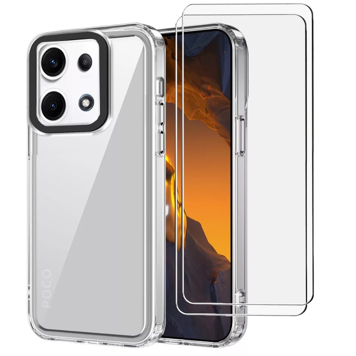 Husa pentru Poco M6 Pro/Xiaomi Redmi Note 13 Pro 4G, Husa telefon rezistenta la socuri si 2 folie securizata, Transparent