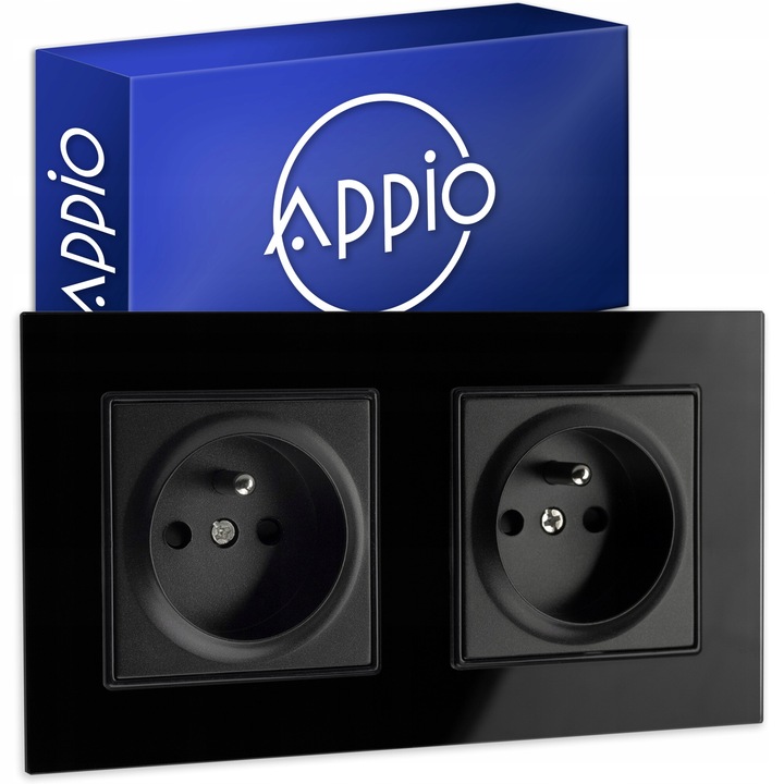 contact dublu electric negru cu impamantare, Appio, rama din sticla, 15,7x8,6x4,3cm