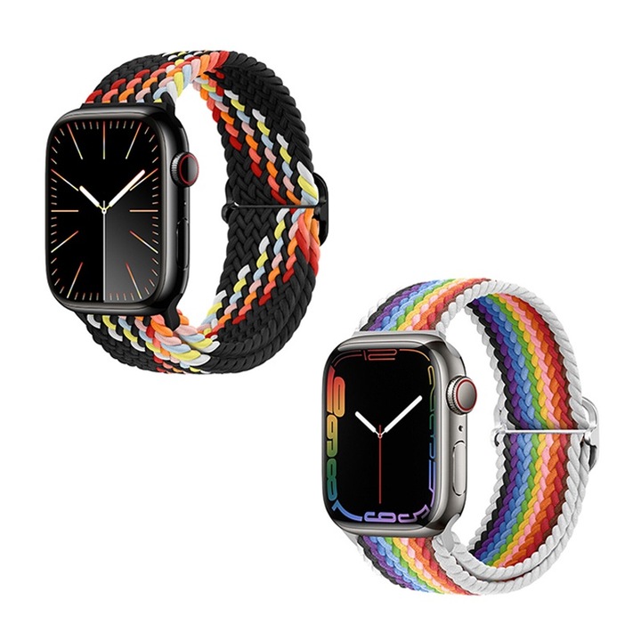 Set 2 Curea smartwatch, EYUSALL, Nylon, Ajustabila, pentru Apple Watch Ultra/SE/9/8/7/6/5/4/3/2/1, Display 42/44/45/49mm, Multicolor