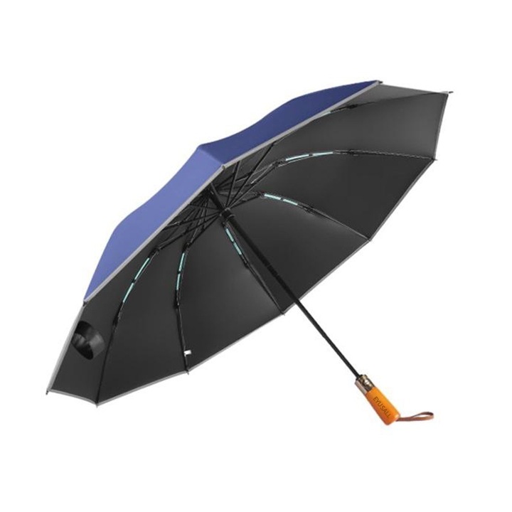 Umbrela pliabila, EYUSALL, Cu deschidere si inchidere automata, Maner din lemn, Rezistenta la vant, Protectie raze UV, Diametru 105 cm, 10 oase, Albastru
