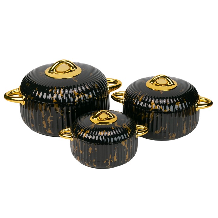 Caserola termica, set 3 piese, Thermo Class, cu interior din inox, Naimeed D6713, Negru