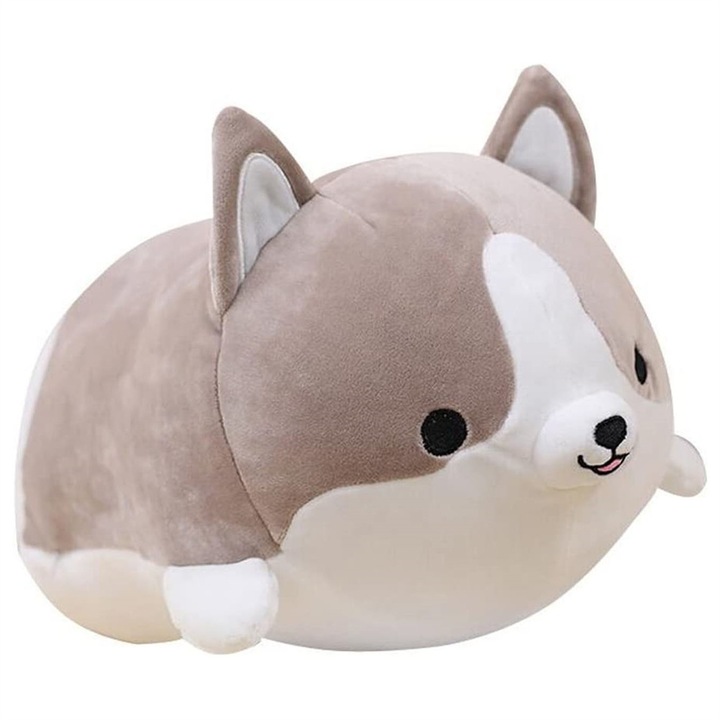 Perna de plus Corgi Dog, Hometylove Soft Shiba Inu Akita Jucarie pentru animale umplute, 35 cm, Gri/Alb