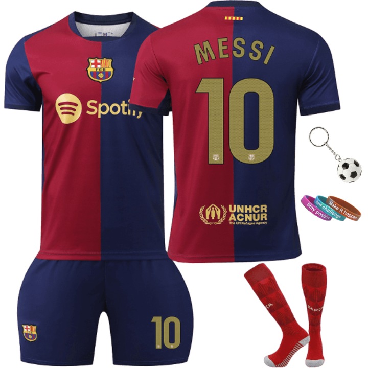 Спортна екипировка за деца №10 Messi Футболна фланелка, MzcrJosv®,3 гривни, Ключодържател, Включени чорапи, Полиестер, Син