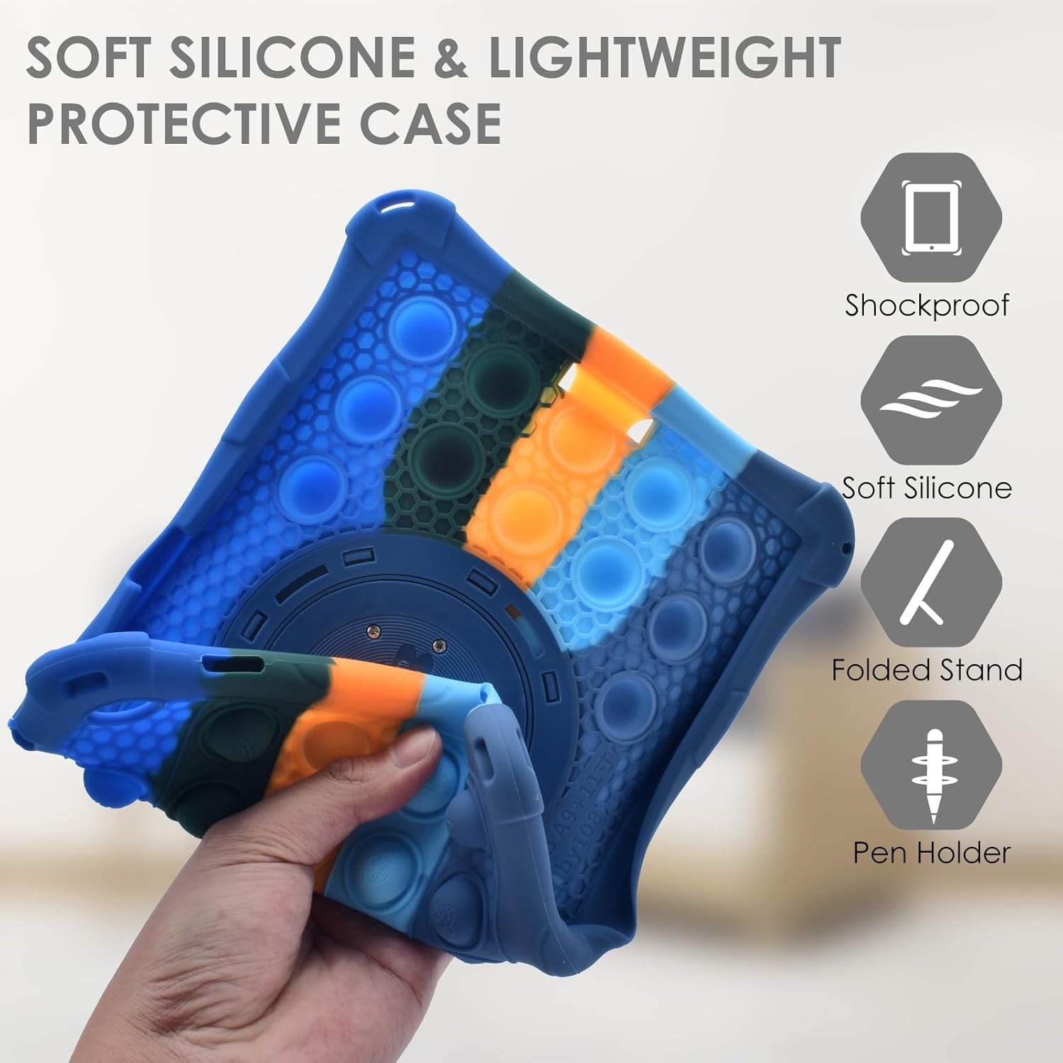 Husa de protectie pentru tableta, Puepoul, Compatibila cu Samsung Tab A9 8.7 inch, Protectie anti-soc, Dispozitiv de reducere a presiunii, Suport rotativ 360°, cu curea de agatat si stylus, Silicon, Albastru