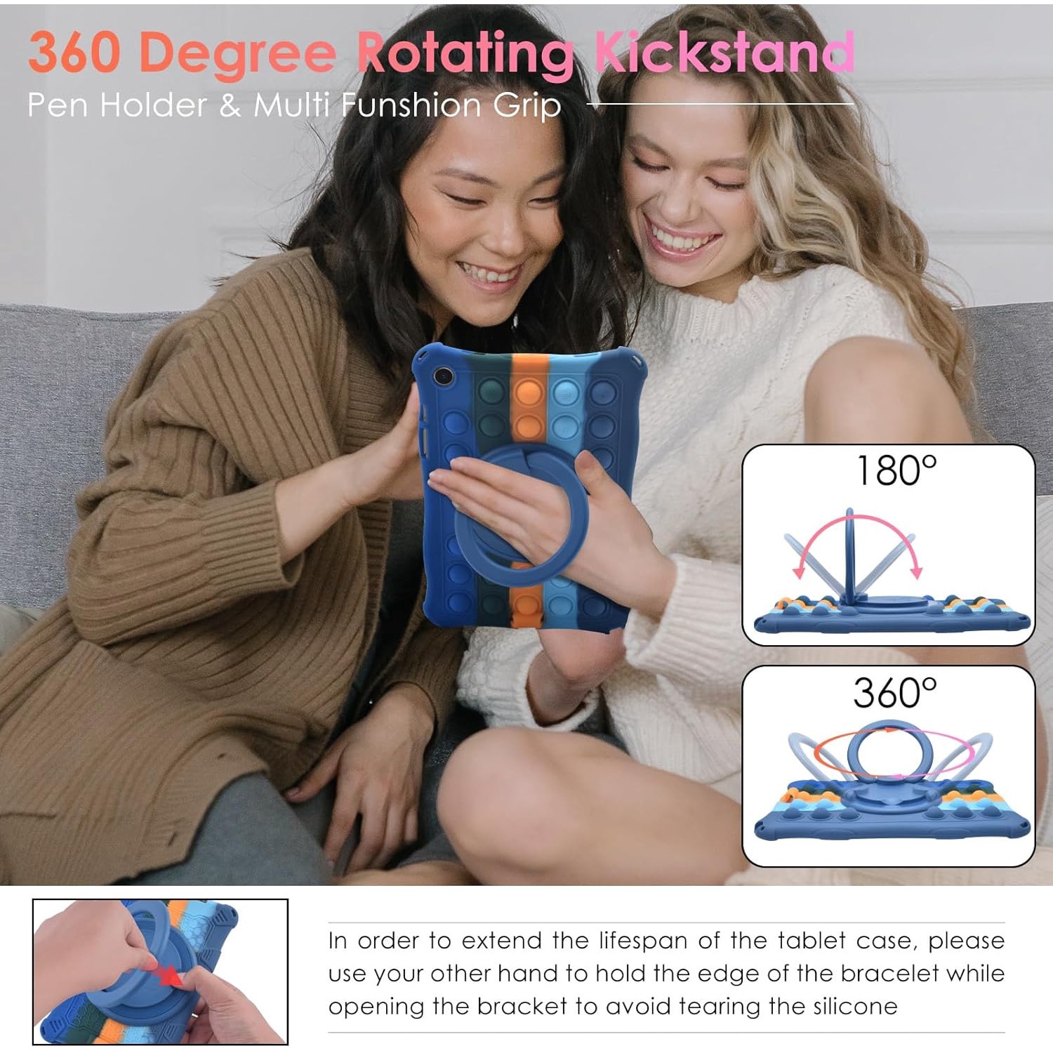 Husa de protectie pentru tableta, Puepoul, Compatibila cu Samsung Tab A9 8.7 inch, Protectie anti-soc, Dispozitiv de reducere a presiunii, Suport rotativ 360°, cu curea de agatat si stylus, Silicon, Albastru