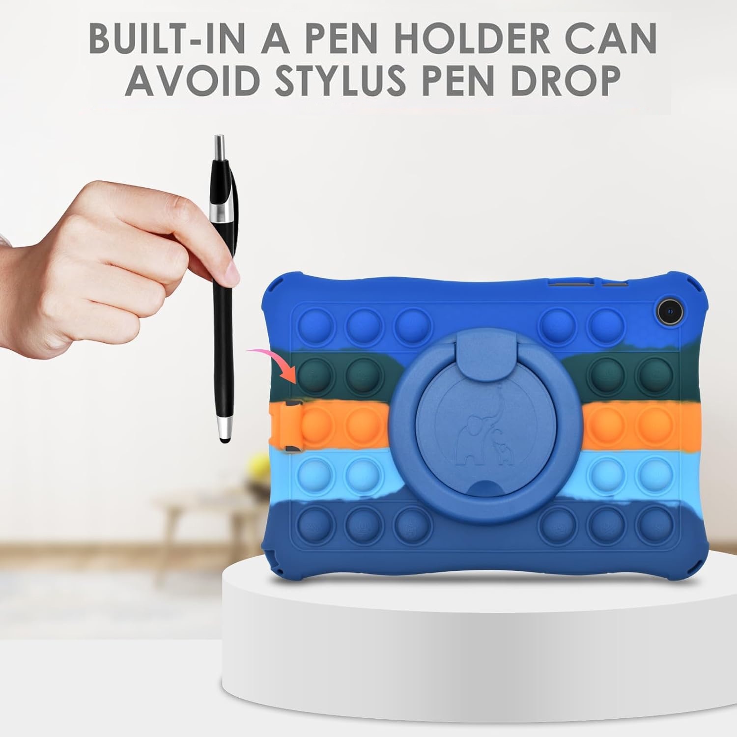Husa de protectie pentru tableta, Puepoul, Compatibila cu Samsung Tab A9 8.7 inch, Protectie anti-soc, Dispozitiv de reducere a presiunii, Suport rotativ 360°, cu curea de agatat si stylus, Silicon, Albastru