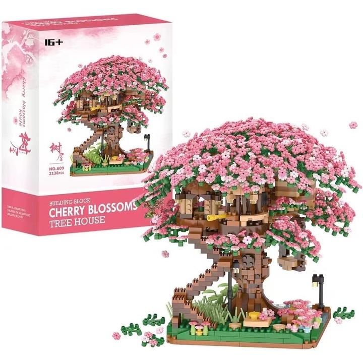 Set de constructie Mini Sakura Tree House, Cozevdnt, 2138 elemente, 15x16x15cm