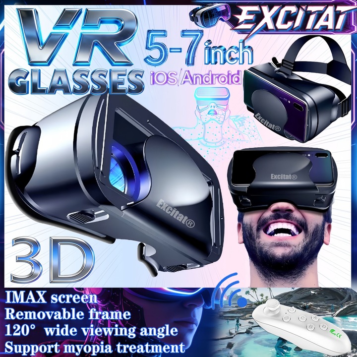 Ochelari VR 3D Excitat®Pentru Telefon, Bluetooth Controller, Compatibil 5 – 7” inch, design ergonomic, Realitate Virtuala Jocuri, Video, Filme, Universal, IOS, Android, Negru/Alb