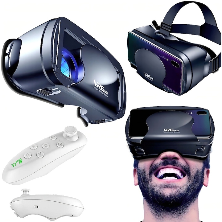 EXCITED 3D VR очила за телефон, Bluetooth контролер, съвместими 5 - 7" инча, ергономичен дизайн, игри за виртуална реалност, видео, филми, универсални, IOS, Android, черно/бяло