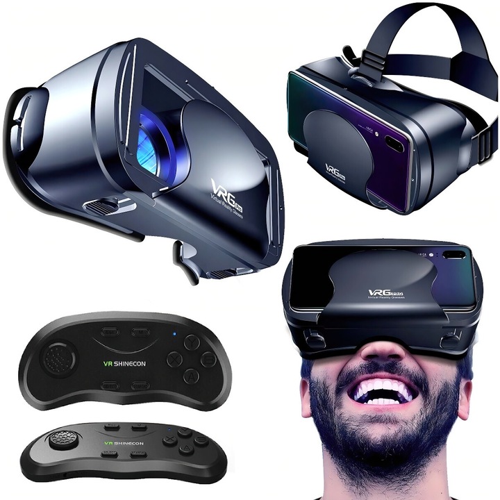 EXCITED 3D VR очила за телефон, Bluetooth контролер, съвместими 5 - 7" инча, игри за виртуална реалност, видео, филми, универсални, IOS, Android, ABS, черни