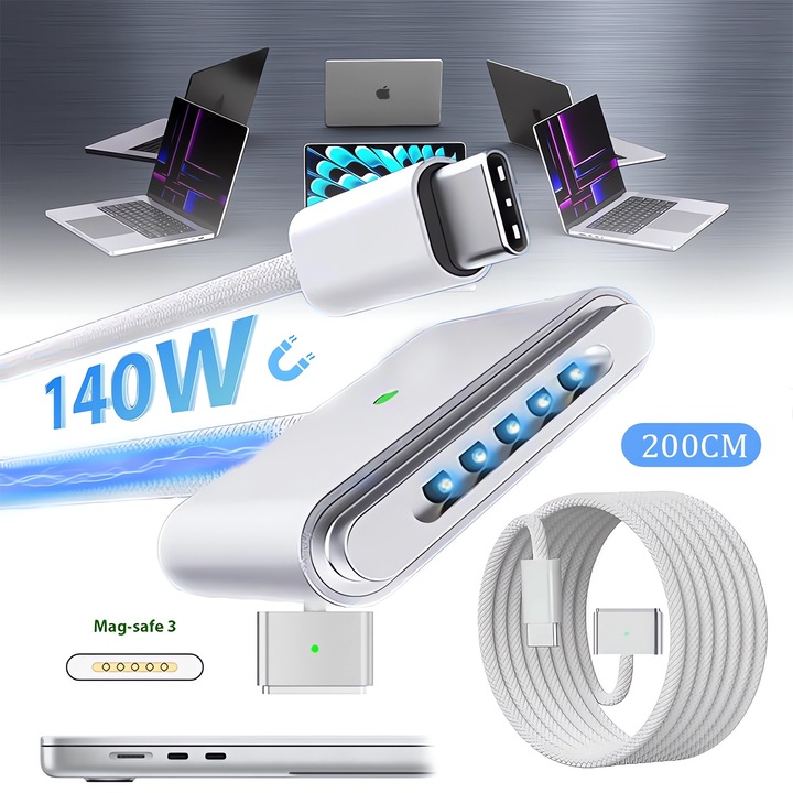Cablu de incarcare tip Magsafe 3, Puepoul, 140 W, USB C-Magsafe 3, cu indicator LED, Magnetic, pentru alimentare MacBook Air M2 M3 2023/2024, MacBook Pro 2023/2021 (14/16 inch), Alb