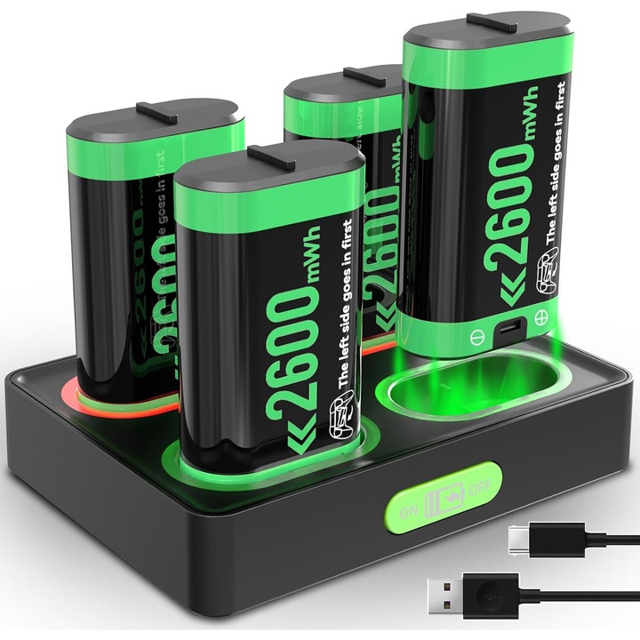 4 db újratölthető akkumulátor készlet Xboxhoz, Puepoul, 4x2600mAh, fekete/zöld