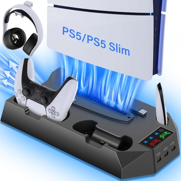 Стойка PS5 / PS5 Slim, Puepoul, с двойна зарядна станция за 2 контролера, вентилатор, стойка за слушалки, LED дисплей, за Play Station 5 & Play Station 5 Slim