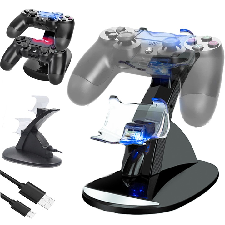 Kettős konzolos töltőállomás, Puepoul, PS4 konzolokkal kompatibilis, C típusú USB, tápkábellel, Fekete/átlátszó