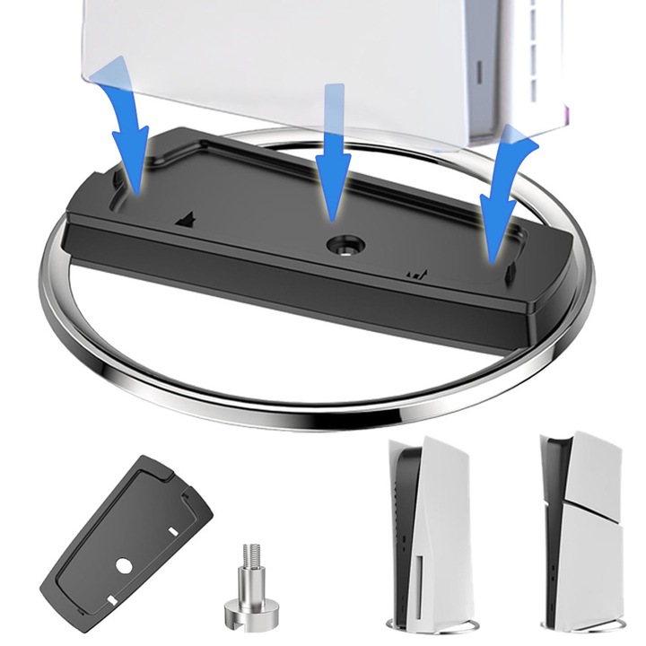 Stand vertical pentru PlayStation 5 Slim, Puepoul, cu surub, pentru PlayStation 5, Negru/Argintiu