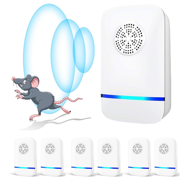 Комплект от 6 ултразвукови уреда за борба с вредителите, Puepoul, против гризачи, мишки, насекоми, прилепи, паяци, бълхи, хлебарки, мухи, комари, покритие 50-100 кв.м, безопасен за хора, деца и домашни любимци, бял