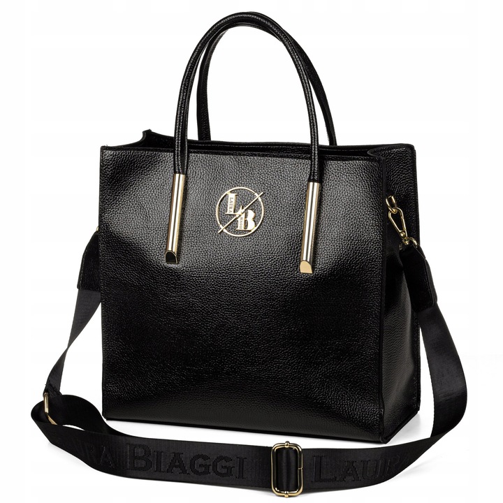 Női táska, Laura Biaggi, nagy, tágas, fekete, arany kiegészítőkkel