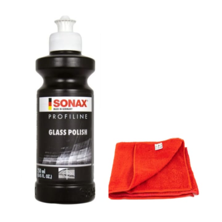 Комплект Специален разтвор за полиране на стъклени повърхности SONAX плюс супер абсорбираща микрофибърна кърпа