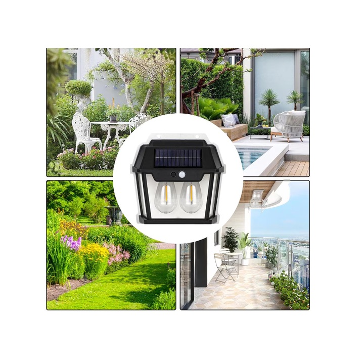 Lampa Solara de Perete Cu 2 Becuri LED, Pentru Exterior, Cu Senzor de Miscare si Lumina, Incarcare Solara, Acumulator Integrat 1800 mAh, Fara Fir, 3 Moduri de Lumina, 28W, 600 Lumeni, Rezistent la Apa, HW9992W, Culoare Negru