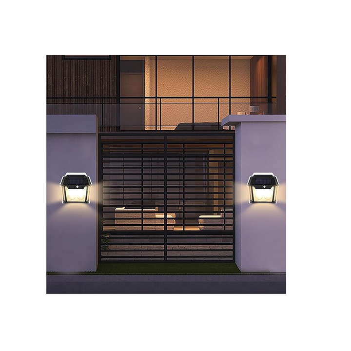 Lampa Solara de Perete Cu 2 Becuri LED, Pentru Exterior, Cu Senzor de Miscare si Lumina, Incarcare Solara, Acumulator Integrat 1800 mAh, Fara Fir, 3 Moduri de Lumina, 28W, 600 Lumeni, Rezistent la Apa, HW9992W, Culoare Negru