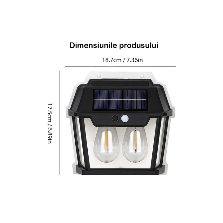 Lampa Solara de Perete Cu 2 Becuri LED, Pentru Exterior, Cu Senzor de Miscare si Lumina, Incarcare Solara, Acumulator Integrat 1800 mAh, Fara Fir, 3 Moduri de Lumina, 28W, 600 Lumeni, Rezistent la Apa, HW9992W, Culoare Negru