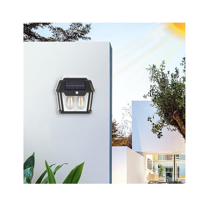 Lampa Solara de Perete Cu 2 Becuri LED, Pentru Exterior, Cu Senzor de Miscare si Lumina, Incarcare Solara, Acumulator Integrat 1800 mAh, Fara Fir, 3 Moduri de Lumina, 28W, 600 Lumeni, Rezistent la Apa, HW9992W, Culoare Negru