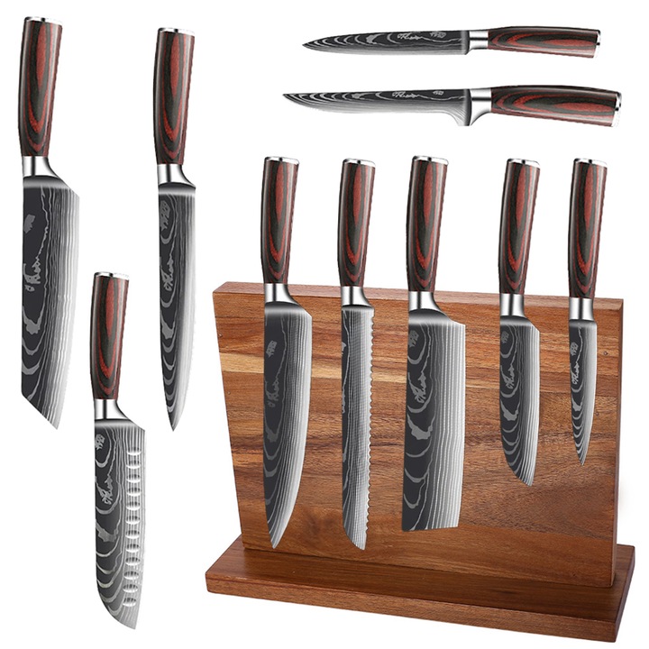 Set cutite profesionale, cu suport magnetic, 10 cutite, maner Deluxe Pakkawood, din otel carbon, cu duritate HRC 62+, calire cu laser, ergonomice, cu aspect elegant de Damasc, pentru bucatarie si macelarie, cutie prezentare, OptimStar®