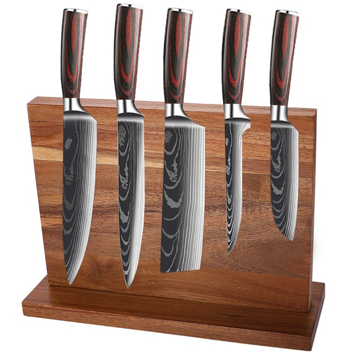 Set cutite profesionale, cu suport magnetic, 5 cutite, maner Deluxe Pakkawaood, din otel carbon, cu duritate HRC 62+, calire cu laser, ergonomice, cu aspect elegant de Damasc, pentru bucatarie si macelarie, cutie prezentare, OptimStar®