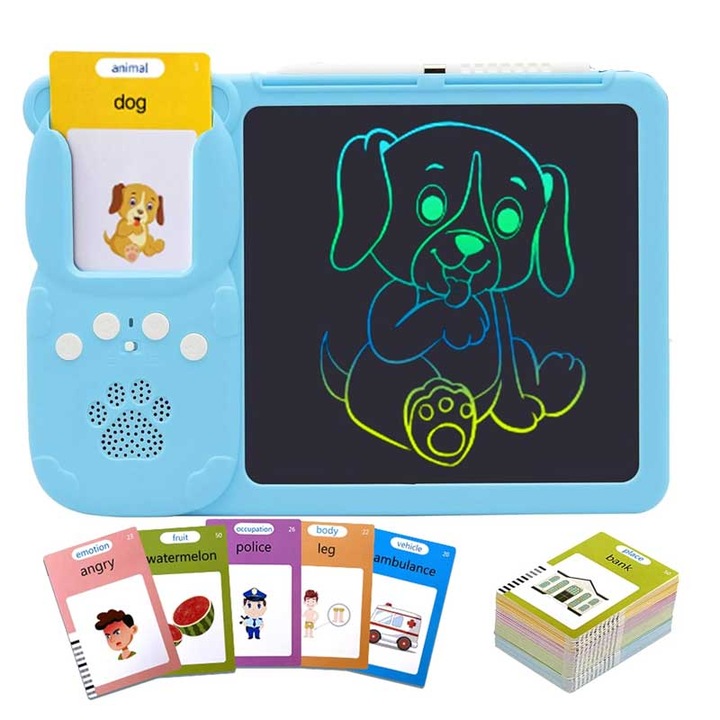 Montessori interaktív oktatási kártyarajzoló tábla, ütésálló, korai tanulás, 224 szó, USB-C töltés, kék, 2-6 éves gyerekeknek