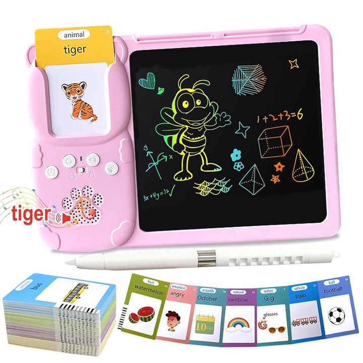 Jucarii educationale interactive Montessori pentru copii Tabla de magic drawing Set de masina pentru invatarea cuvintelor in limba engleza 224 de cuvinte si 112 carduri raspundel istetel Cadou de ziua de nastere pentru baieti si fete de 3aniMicroUSB+roz