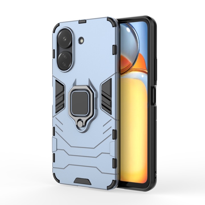 Husa pentru Poco C65/Redmi 13C, Husa metalica pentru telefon si suport, protectie completa camera, Albastru