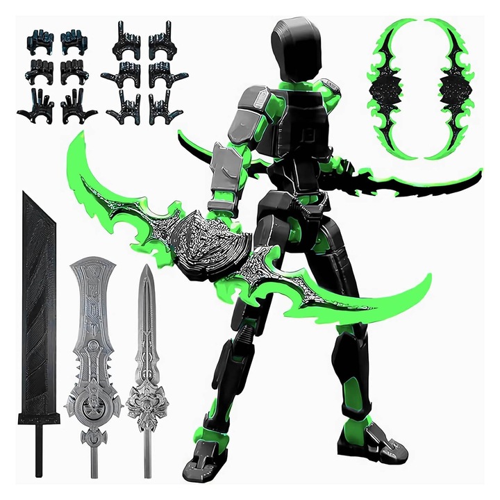 Robot figura illesztésekkel, 14 cm, 3D nyomtatott, teljesen összeszerelt, OUYLAF, Fekete/zöld