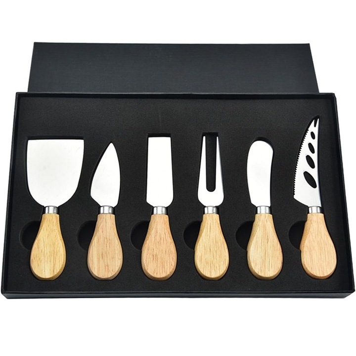 Set de 6 cutite pentru branza DEACOWER, inox cu maner de lemn, set pentru charcuterie