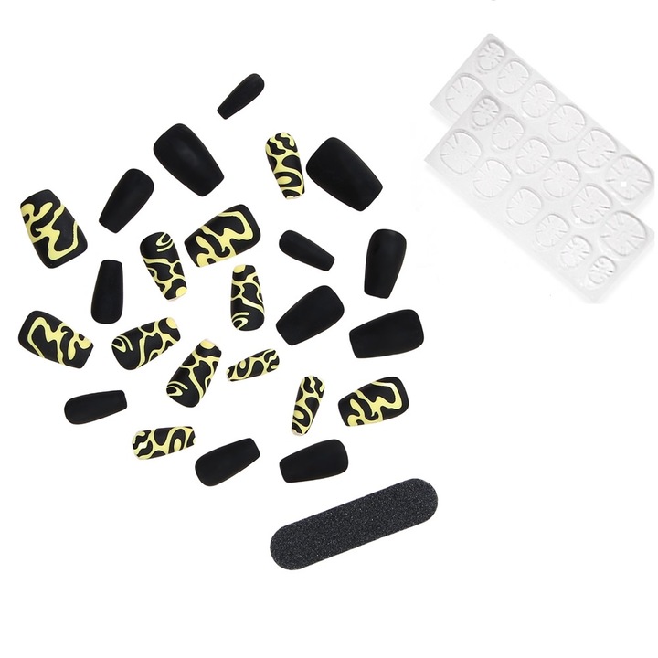 Set 24 Unghii False Coffin, Design Abstract Negru-Galben Mat, cu Adeziv Tip Gel, 22#