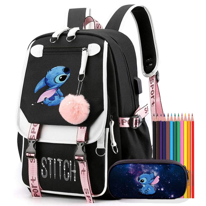 Iskolatáska szett lányoknak, tolltartó és színes ceruzák 12 színnel, nagy kapacitású, MATCHEASY, USB porttal, Ellenálló, Fehér/Fekete