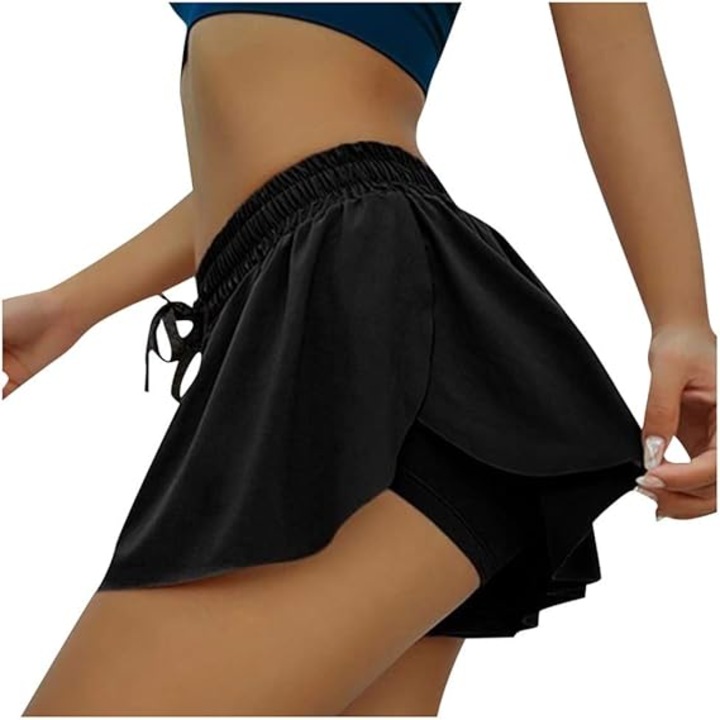 Pantaloni scuri dama, lejeri, stil sport, 2 straturi, pentru antrenament, cu talie elastica, marimea L, Negru